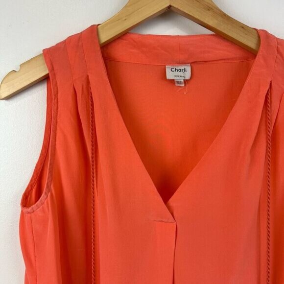 Charli London 100% Silk Sleeveless Top Coral Neon Peach Women’s Size 6 V Neck - Picture 10 of 10